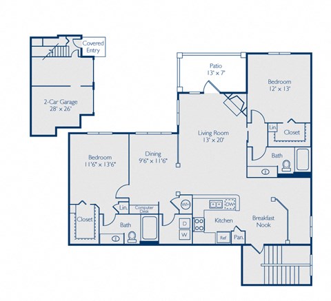 Floor plan for 2 beds, 2 baths, 1533 sqft